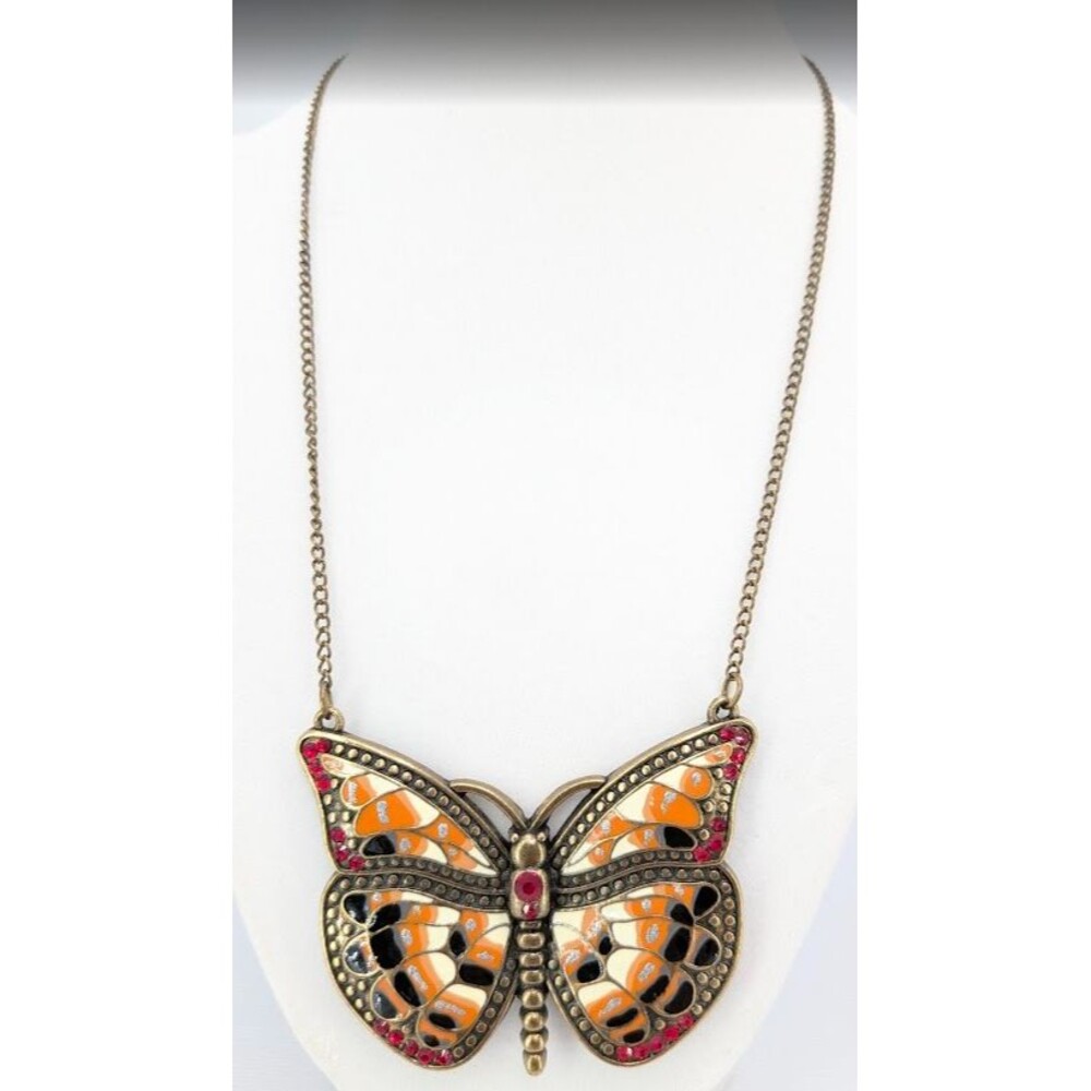 Butterfly Necklace Large Orange Black Enamel Rhinestone Gold Tone Pendant 21in